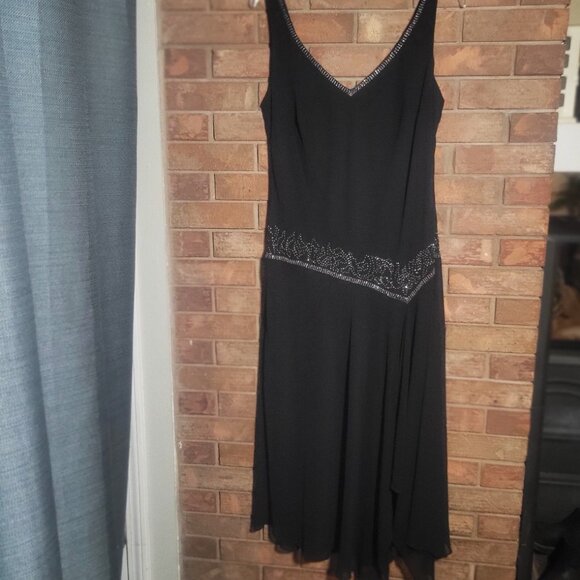 Alex Evenings Black Chiffon Drop Waist Bead Embellished Open Neck Gown - Sz 14 - Picture 7 of 16